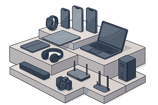 Isometric display of modern consumer electronics and networking devices on tiered platforms
