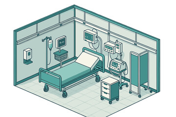 Empty intensive care unit room featuring a patient bed and life support equipment