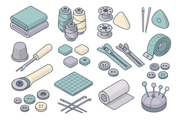 Detailed isometric collection of essential sewing and tailoring supplies and craft equipment