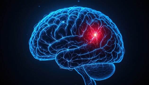 Stunning brain illustration with glowing red highlight, ideal for medical research, educational materials, or health awareness campaigns on neurological conditions
