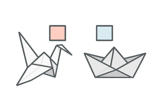 Stylized geometric paper folding art featuring a traditional origami crane and small boat