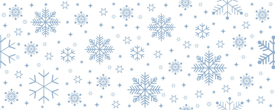 Seamless winter pattern featuring blue snowflakes on a white background. Minimalist festive design ideal for Christmas wrapping paper, holiday cards, textiles, and seasonal decorations.