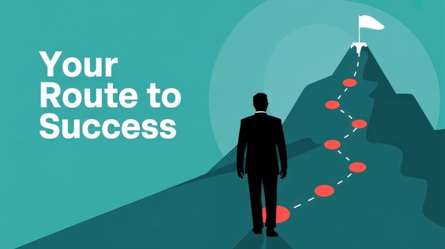 Determined businessman climbs a steep mountain path towards a flag on the summit.