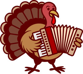 Funny turkey musician vector illustration. Cartoon turkey playing accordion, singing bird. Thanksgiving, fall, autumn music-themed design. Bird with musical instrument graphic. Greeting card, poster
