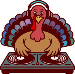 Funny turkey musician vector illustration. Cartoon turkey DJ with headphones mixing on turntables. Thanksgiving, fall, autumn music-themed design. Bird graphic. Greeting card, poster