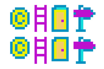 Retro pixel art game assets featuring coin, ladder, door, and signpost icons in bright colors