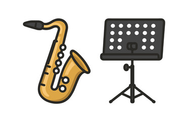 Classic brass saxophone and adjustable metal music stand for performance