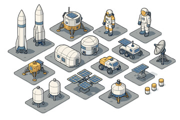 Isometric space exploration and colonization elements set including rockets, habitats, rovers, and astronauts © Andrei
