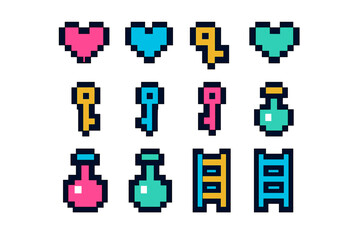 Classic 8-bit style video game assets set featuring hearts, keys, magic potions, and climbing ladders