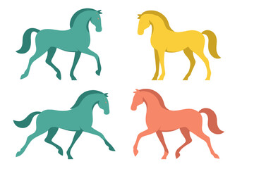 Four abstract horses in motion with vibrant teal, yellow, and coral colors