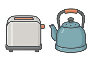 Modern toaster and classic stovetop kettle kitchen appliances set for breakfast