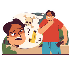 Concerned Person Gesturing To Throat With Skull And Crossbones Symbol Indicating Danger Or Illness In Thought Bubble On Transparent Background