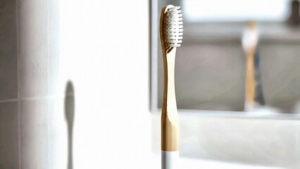 Naklejka premium Bamboo toothbrush stands upright in a bright bathroom, casting a