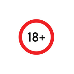 Minimalist red circle with “18+” symbol on a white background, representing age restriction, adult content warning, safety regulation, legal notice, and maturity limit design icon concept.