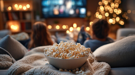 Fototapeta na wymiar Cozy family movie night scene with a bowl of popcorn in focus, soft blankets, warm candlelight, and a glowing Christmas tree creating a relaxed holiday atmosphere.