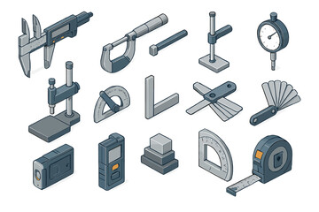 Isometric set of precision measuring tools including calipers, micrometers, gauges, protractors, and tape measures