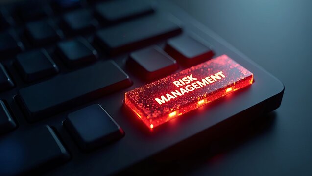 Risk management concept for business strategy, cybersecurity, and finance. Red glowing alert key on a computer keyboard