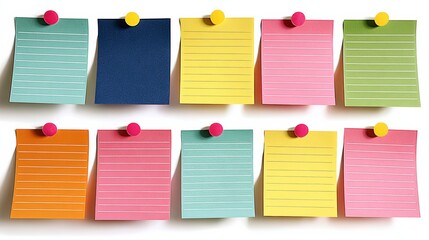 A collection of colorful sticky notes pinned to a white wall, featuring various colors including blue, yellow, pink, green, and orange, with lines for writing