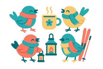 Cheerful cartoon birds wearing scarves holding hot beverage mug, glowing lantern, and skis