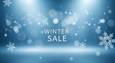 Blue winter sale background with snowflakes and bokeh lights