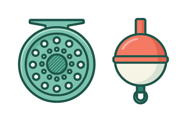 Fishing reel and bobber set isolated on white background for outdoor angling activity