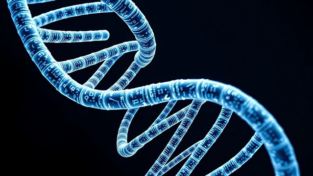 A DNA helix woven from mathematical formulas, entwining all known life within its spiral.