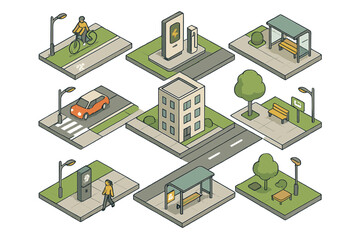 Obraz premium Isometric city elements set featuring buildings, transportation, public spaces, and urban infrastructure