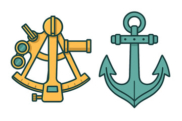 Vintage navigational sextant and heavy boat anchor representing maritime exploration