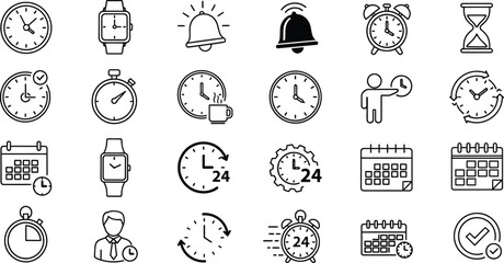 Various time related icons including clocks calendars and alarm bells