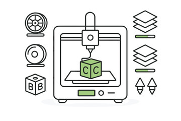 3D printing machine creating a prototype cube with additive manufacturing technology icons