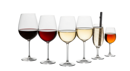 Assortment of wine and champagne glasses filled with different beverages isolated on transparent background