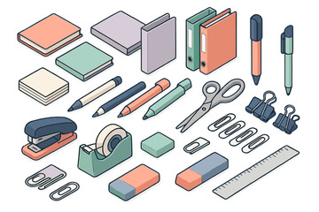 Essential stationery items and desk accessories for business and education in isometric style