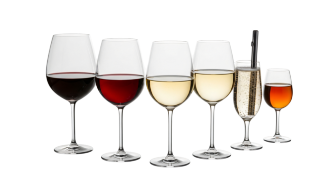 Assortment of wine and champagne glasses filled with different beverages isolated on transparent background