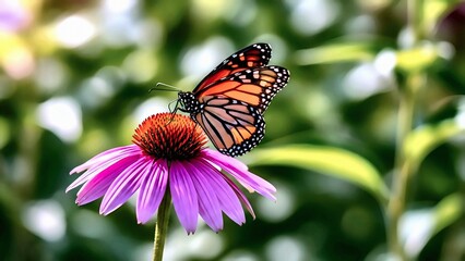 Fototapeta premium Monarch Butterfly on Purple Coneflower, Detailed Wing Patterns a