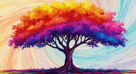 Vibrant, abstract tree bursts with rainbow leaves against a swirling, textured sky, symbolizing growth, creativity, and natural beauty in a stunning artistic display.