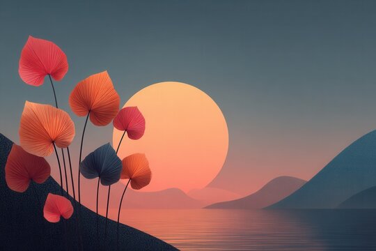 Colorful heart shaped leaves are set against a golden sunset and a peaceful mountain lake landscape