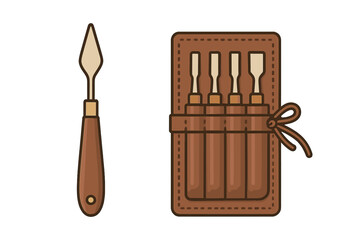 Artistic tools set featuring a palette knife and four wood carving chisels in a brown leather pouch