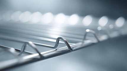 Abstract, minimalist closeup of a shiny metal rack with blurred background lights. Evokes precision, order, structure, and modern design. Versatile for tech, industry, and organization.