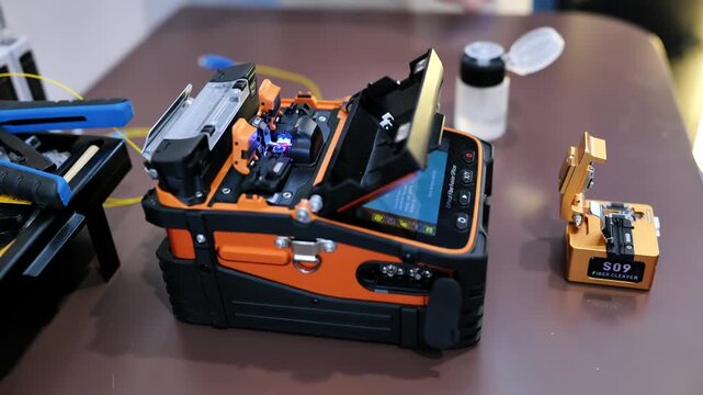Fiber optic fusion splicer working at telecommunications technology exhibition
