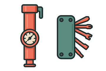 Portable cycling air pump with pressure gauge and folding multi-tool for bicycle repair