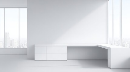 Fototapeta premium ergonomic. Minimalist modern desk with clean lines and soft natural lighting, showcasing a contemporary workspace. real-estate listings.