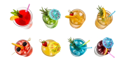 A vibrant collection of refreshing cocktails with garnishes, presented on a clean transparent background for a festive feel