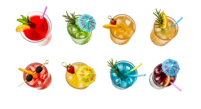 A vibrant collection of refreshing cocktails with garnishes, presented on a clean transparent background for a festive feel