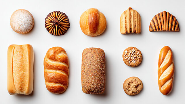 Isolated bakery set featuring various types of bread and pastries on a white background, showcasing high detail and texture for culinary and food photography needs