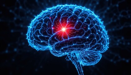 Intricate glowing blue brain with a vibrant red core, symbolizing neural activity and cognitive function for neuroscience and medical research applications