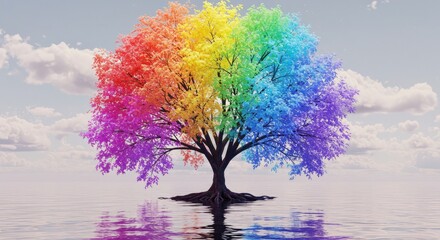 Stunning rainbow tree reflected in tranquil water under a cloudy sky for a vibrant, hopeful, and inclusive feeling, perfect for branding and positive messages