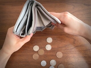 Hands holding an empty wallet over scattered coins – symbol of financial hardship and low income