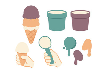 Colorful collection of various ice cream cones, tubs, scoops, and melting drips for summer desserts