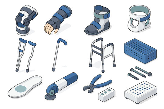 Orthopedic medical devices and surgical instruments set in isometric view