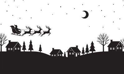 Santa Claus riding his sleigh across the moonlit sky